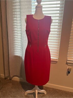 Sleeveless Red Sheath Dress with Front Zip by Calvin Klein